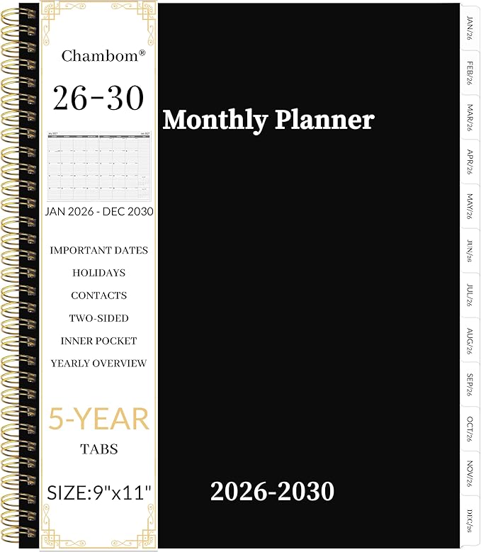 2026-2030 Monthly Planner 5 Year Monthly Planner/Calendar 2026-2030, Jan 2026 – Dec 2030, 9" x 11", Tabs, Double-Side Pocket, Holidays, Thick Paper