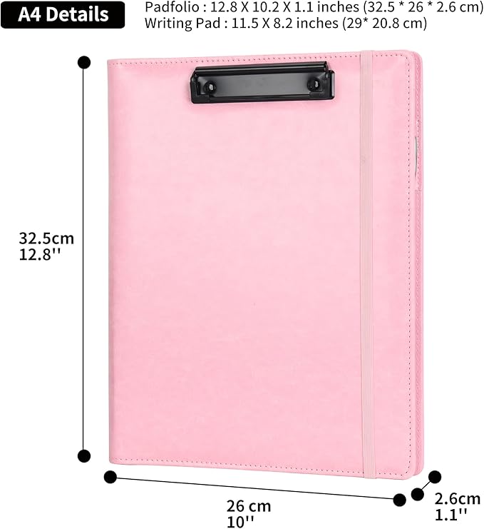 Wonderpool A4 PU Leather Clipboard Partfolio Notepad Forms Holders Document Case - Interview Planner Meeting Writing Padfolio File for Office Travel School Hotel Hospital (A4,Pink)