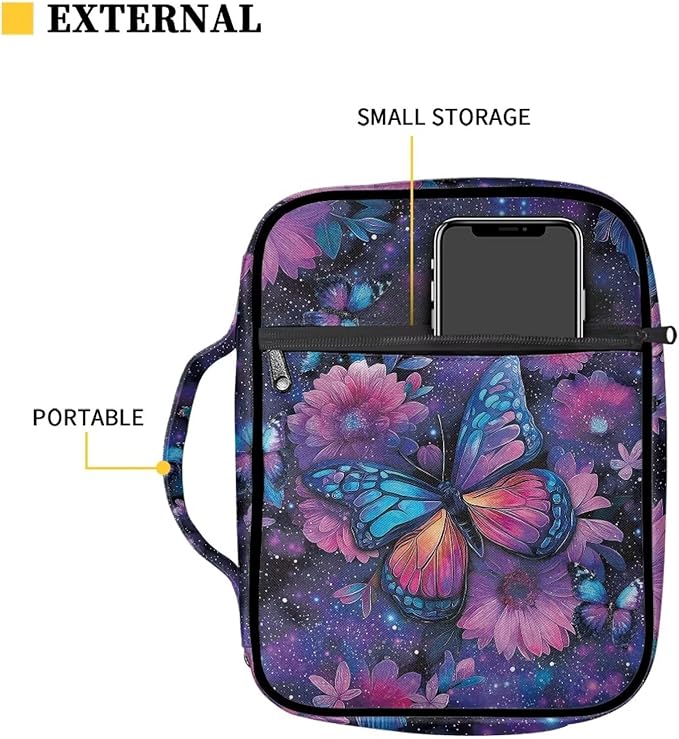 Suobstales Galaxy Butterfly Daisy Flower Print Bible Covers for Women Men Lightweight Bible Accessories with Handle and Zippered Pocket Bible Tote Bag for Kids