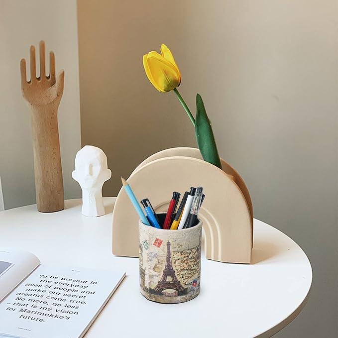 DreamsEden Vintage Pen Pencil Holder Cup Retro Desk Organizer for Home Office Living Room (Beige Paris Eiffel Tower Round)