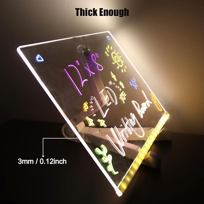 LED Note Board with Colors, Acrylic Dry Erase Board with Light and Stand, Glow Memo Letter Board Note Glass Led White Board with 7 Pen for Office School Home