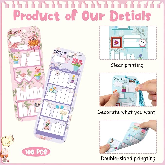 100 Pcs Book Tracker Bookmarks with 100 Tassels Bookshelf Design Reading Page Markers Double Sided Bookmarks Gifts for Book Lovers Book Club Gifts