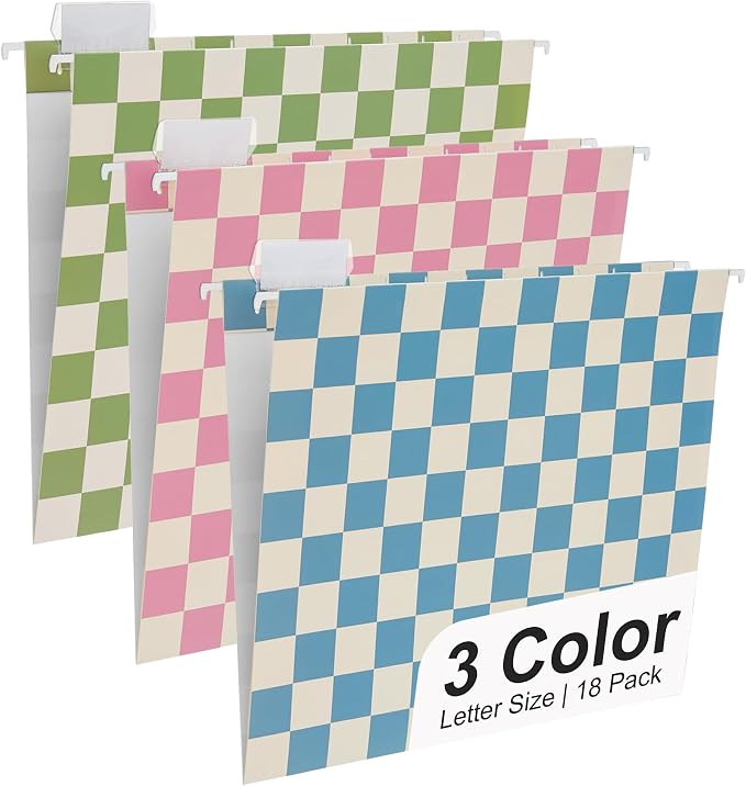 Y YOMA 18 Pack Decorative Hanging File Folders Letter Size Checkerboard Hanging Folder Pretty File Folder Organizer for Filing Cabinet Office Home with 1/5-Cut Adjustable Tabs, Peaceful Color