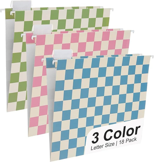 Y YOMA 18 Pack Decorative Hanging File Folders Letter Size Checkerboard Hanging Folder Pretty File Folder Organizer for Filing Cabinet Office Home with 1/5-Cut Adjustable Tabs, Peaceful Color
