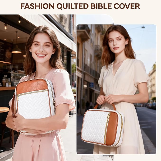 Bible Cover Case for Women - Quilted Large PU Leather Bible Carrying Case, Bible Bag Study Supplies Bible Carrier, Christian Gift for Women and Girl, Grandma Daughter(Brownish White)