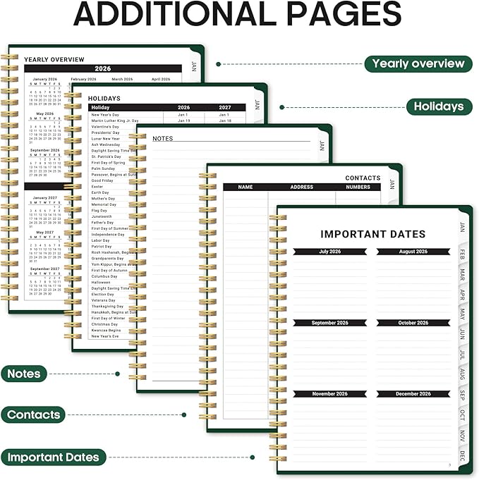 2026 Planner, Weekly and Monthly Calender Planner, Jan 2026 to Dec 2026, Hardcover 2026 Calendar Book with Tabs & Inner Pocket, Office Home School Supplies for Women & Men - A4 (8.5" x 11"), Dark Green