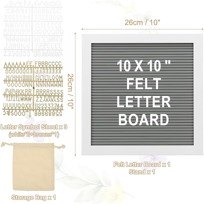 PATIKIL Felt Letter Board, 10x10Inches Gray White Wooden Changeable Message Board with Storage Bag Stand for Kitchen Menu Classroom Farmhouse Decor Notes, White Bronze Letter
