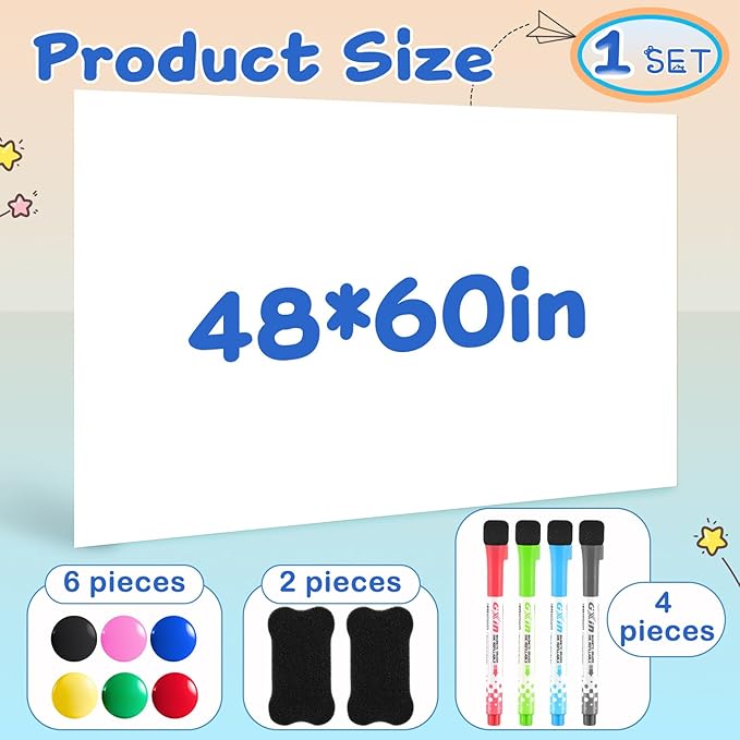 Pasimy Magnetic Dry Erase Board Whiteboard Paper 48" x 60" Large Self Adhesive Whiteboard Sticker for Wall Easy to Write Clean with 4 Markers 2 Eraser 6 Pin Magnets for Office Kids Home Fridge