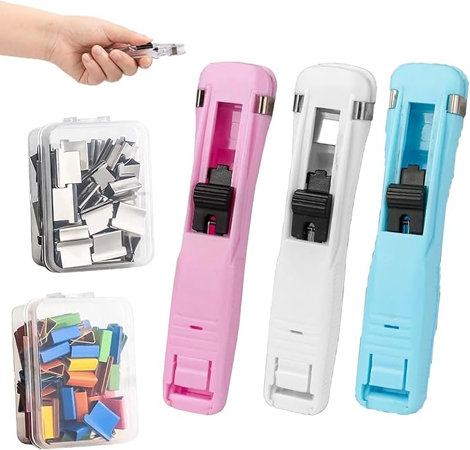 2026 New Portable Binder Clip Stapler, Includes 100 Reusable Clips, Handheld Paper No-Punch Folder, Mini Push Stapler Clamp Staplers for Home, School, and Office Document Binding (3pcsB)