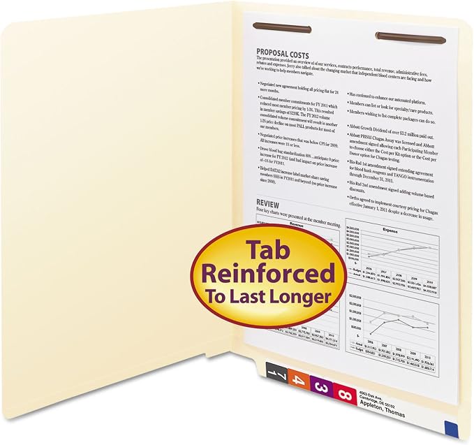 Smead End Tab Fastener File Folder, Shelf-Master® Reinforced Straight-Cut Tab, 1 Fastener, Letter Size, Manila, 50 Count