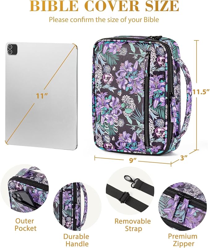 Bible Cover for Women, Large Vegan Leather Bible Case with Shoulder Strap, Mothers Day Christian Gifts for Mom & Wife, Planner Case (Purple)