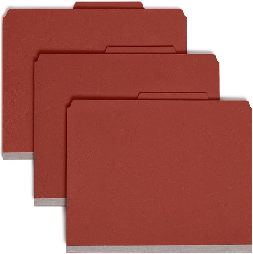 Smead Premium Pressboard Classification File Folder with SafeSHIELD® Fasteners, 2 Dividers, 2" Expansion, Letter Size, Red, 10 Each per Box (14205)
