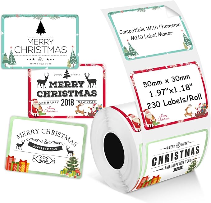 Thermal Labels Christmas Tags for Xmas Compatible with Phomemo M100/M110/M150/M221/M220/M120/M200/M250 Label Printer,1.97"x1.18"(50x30mm), 230 Labels/Roll, Black on Christmas Pattern