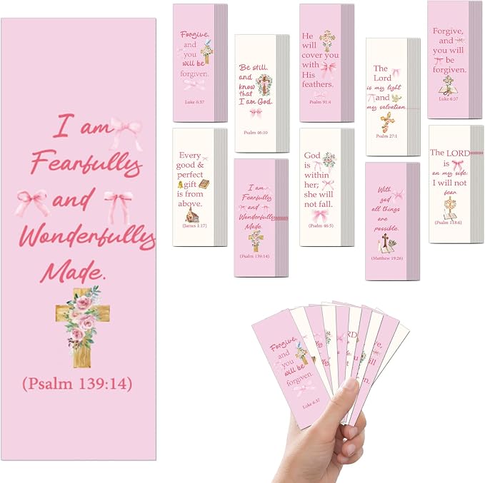 100 Pcs Christian Bookmarks, Religious Pink Bow Cross Flower Paper Bookmark Bulk for Women, Inspirational Bible Verse Book Mark Gift for Reading Lovers Church Accessories