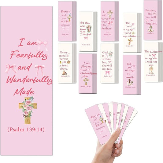 100 Pcs Christian Bookmarks, Religious Pink Bow Cross Flower Paper Bookmark Bulk for Women, Inspirational Bible Verse Book Mark Gift for Reading Lovers Church Accessories