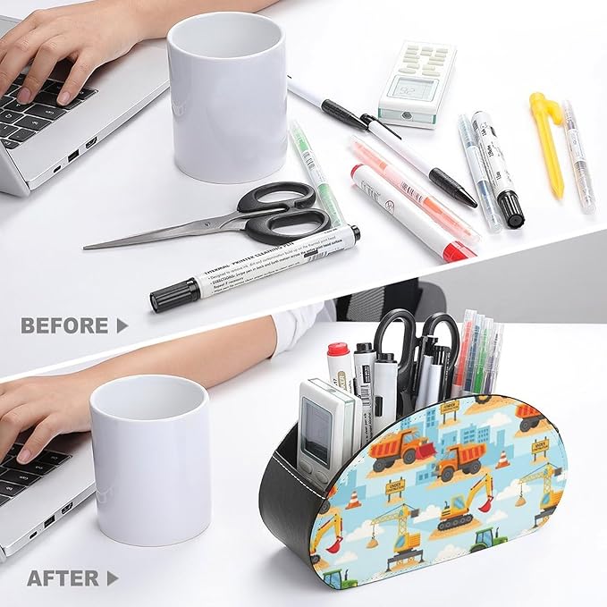 5-Compartment Remote Control Holder, PU Leather Storage Box for TV Remotes, Makeup Brushes, and Desk Accessories, Under Construction