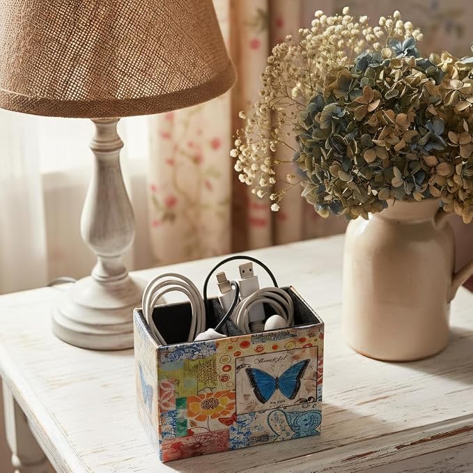 Decorative Remote Control Holder, Leather TV Remoter Caddy Storage Box Desktop Organizer Makeup Brush Pen Holder Storage Fits TV Remotes, Media Controllers, Office Supplies (Butterfly Pattern)