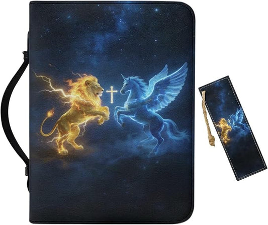 Leather Bible Cover Case for Men PU Bible Case with Bookmark Church Bag Book Carrying Case Pegasus Lion Cross Print Bible Covers