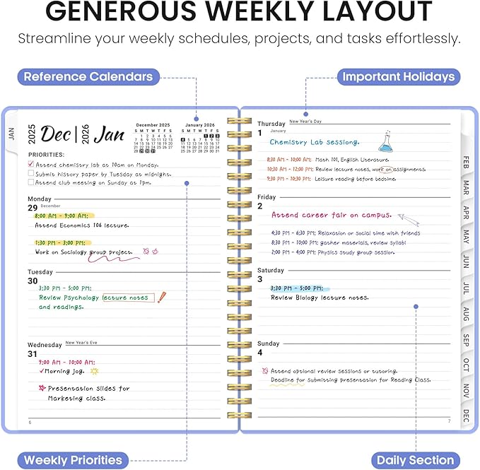 2026 Planner, Weekly and Monthly Calender Planner, Jan 2026 to Dec 2026, Hardcover 2026 Calendar Book with Tabs & Inner Pocket, Office Home School Supplies for Women & Men - A5 (6.3" x 8.5"), Lavender