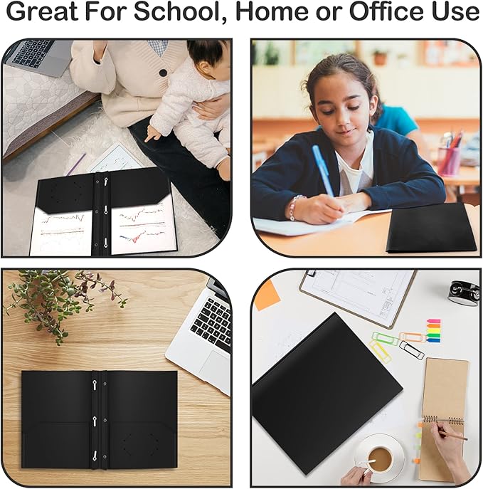 ViVin 12 Pack Plastic Folders with Pockets and Prongs, Heavy Duty 2 Pocket Folders with 3-Prong Fasteners, Poly File Holds 8-1/2" x 11" Paper for School Office Home (Black)