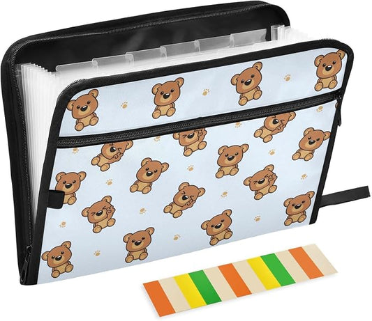 Cute Brown Bear Cartoon File Folders,Plastic Folders with 13 Pockets,Expandable File Folder for Documents School Students Office,Aesthetic Folder with Labels A4 Letter Size
