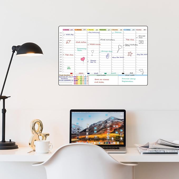 POPRUN Weekly Dry Erase Calendar 23.6" × 15.7", Non Magnetic Self Adhesive Planning Board with Time Slots for Wall Glass Wood Home Office