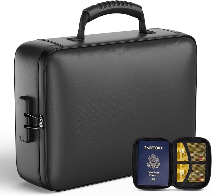 Grothery 5200°F Fireproof Document Organizer with Lock Fireproof & Waterproof File Organizer Box 8 Layer Heat Insulated Aluminum Foil Important Document Box Fire Proof Passport Travel Doc Holder Black