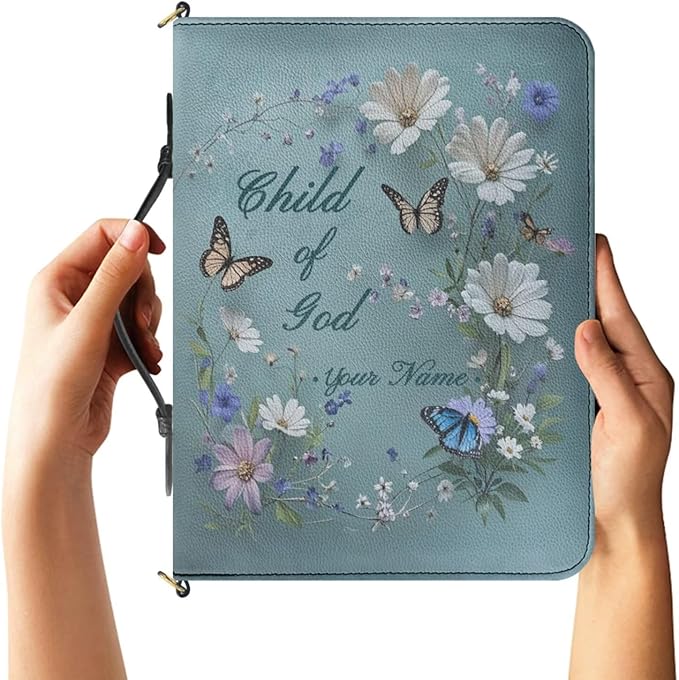 Custom Bible Covers for Women, Personalized Bible Case with Name, Butterflies and Daisies Print Biblia Protecto with Strap Handle Inner Pockets and Pen Loop, Christian Gifts for Women