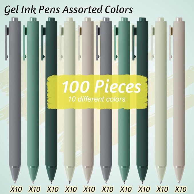 Crtiin 100 Pcs Gel Pens Bulk, 0.5mm Fine Point Black Ink Pens, Retractable Smooth Writing Quick Dry, Colored Aesthetic for School Office Journaling Teacher Appreciation Mother Day (Green Series)