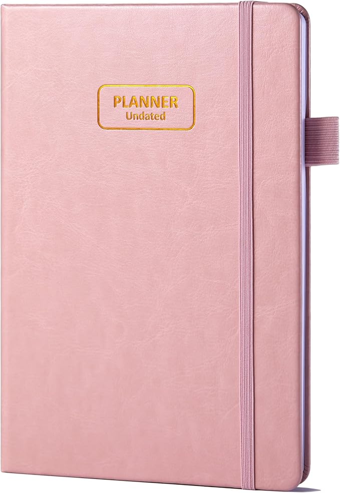 Comkiso Undated Weekly and Monthly Planner with Adhesive Tabs, A5 Dateless Academic Planner for Women & Men Daily Planning, Hardcover Leather All In One Planner for Home School Work Organizer (Pink)