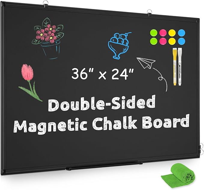Magnetic Chalk Board, 36“x24” Black Chalkboard Double-Sided Dry Erase Board Magnetic Blackboard for Wall, Black Framed Small Chalk Board Home, School, Office, Kitchen
