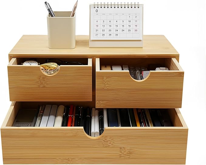 Desk Organizer, Office Vanity Bamboo Desk Organizer, Mini Bamboo Desk Drawer Tabletop Storage Box with 3 Drawer Night Stand Table Organizer for Makeup Vanity Office Supplies (3 Drawer, 2 Top+1 Bottom)