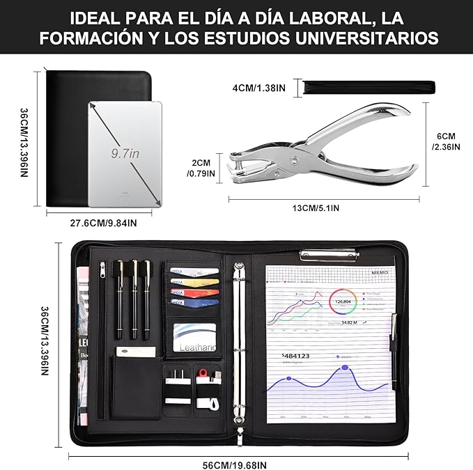 Leathario Portfolio Binder, Includes 5 Folder Index Dividers,1 Hole Punch,13 Inch Tablets Organizer with Handle, Vegan Leather A4 Padfolio, Multi-Pocket Notepad Business Planner Professional Document