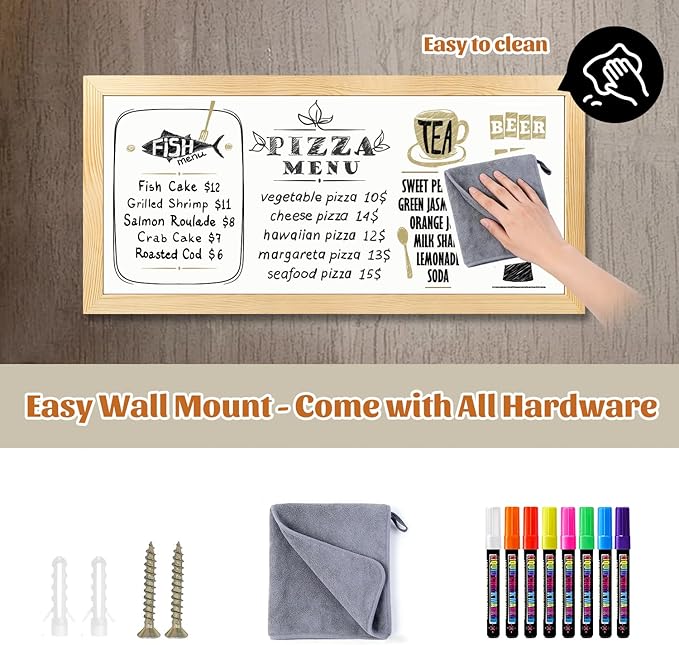 Large Magnetic Chalkboard for Wall, 58 x 25 Inch Solid Wood Framed Natural Whiteboard, Wall Mounted Chalk Board for Kitchen, Restaurant, Food Truck and Calendar Board