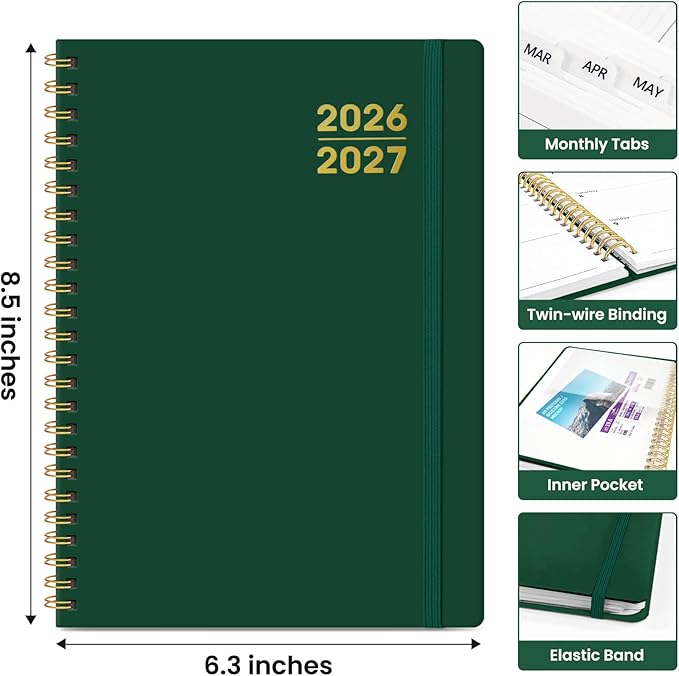 Planner 2026-2027 for Women & Men, Academic Monthly and Weekly Calendar Planner, Jul 2026 - Jun 2027, A5 (6.3" x 8.5"), Teacher Student Planning Book with Tabs, Ideal for Office School Supplies - Dark Green