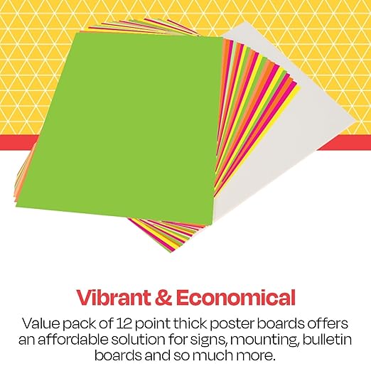 School Smart Poster Board Paper, White and Assorted Neon Colors, 12 pt Thick, For Posters, Signs, Crafts, Displays, Classroom Projects, 11 x 14 Inches, 50 Pack