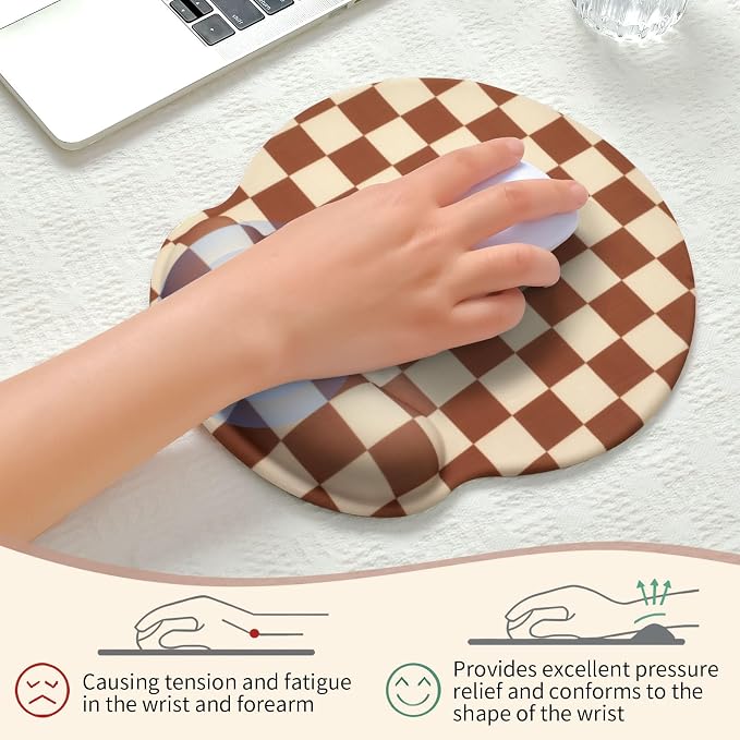 Retro Checkered Mouse Pad with Support Wrist Rest,Cute Funny Boho Ergonomic Mouse Pad with Non-Slip Base for Office Gaming Working Computers,Desk Accessories Pain Relief,Brown
