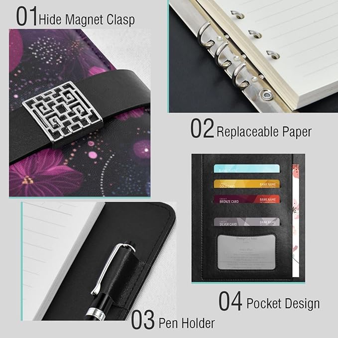 Cosmic Floral Planetary Design PU Leather Notebook A5 Binder 6 Ring Refillable Journal with Magnetic Buckle Closure Loose Leaf Travel Office Planner Budget Binder Notepad Portfolio,