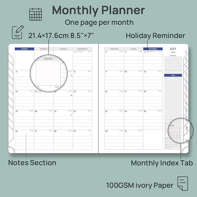 POPRUN Weekly Planner 2026-2027(Medium 7" x 8.5"), 30-Minute Hourly Appointment Book (July 2026-June 2027) with Monthly Tabs, Inner-pocket, Pen Holder, PU Leather Softcover - Brown