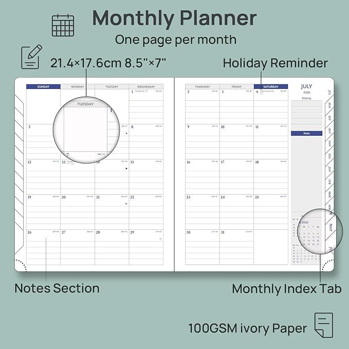 POPRUN 2026 Weekly Planner (Medium 7'' x 8.5''), 30-Minute Hourly Appointment Book (July 2026-June 2027) with Monthly Tabs, Inner-pocket, Pen Holder, PU Leather Softcover - Brown