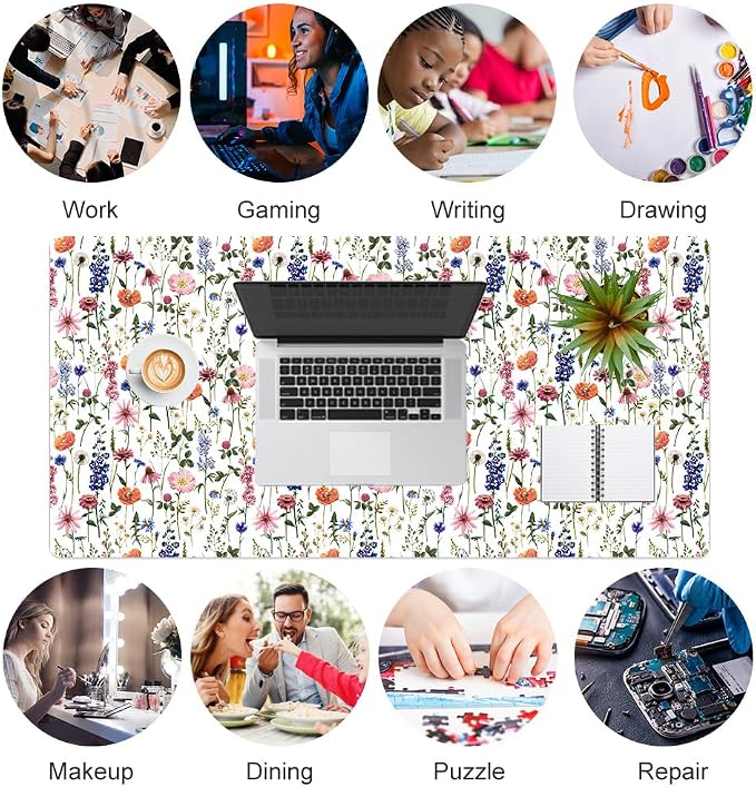 Colorful Star Large Mouse Pad, Watercolor Floral Desk Mat Office Supplies, Waterproof Faux Leather Big Gaming Mousepad for Women Girls, Flowers Desk Pad Home Office Décor Accessories 31.5" x 15.7"