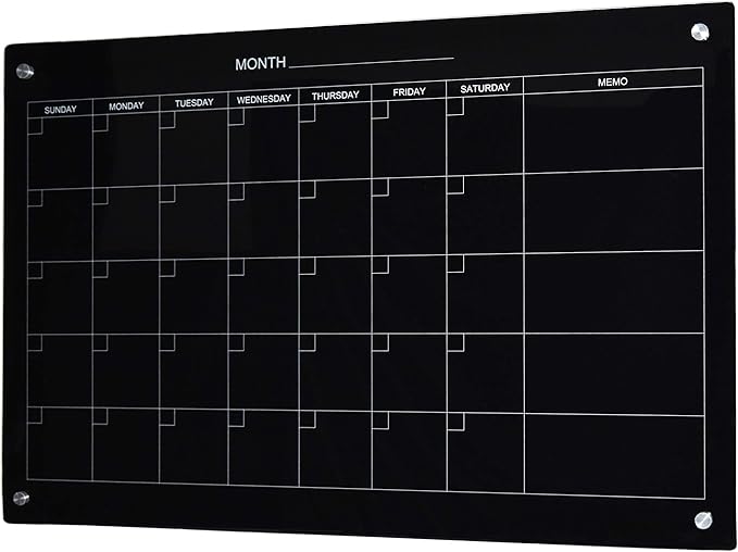 Audio-Visual Direct Magnetic Black Calendar Glass Dry-Erase Board Set - 4' x 3' - for Wall - Monthly Planner