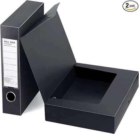 HUA JIE 2 Pack A4 Storage File Boxes Archives Case,65mm Spine,Box File Document Storage Box for Office School -Black