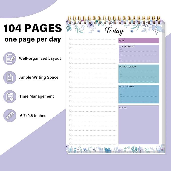 To Do List Notepad - Daily Planner Notepad 104 Pages Task Planner, 6.7" x 9.8" Double Sided Spiral Notebook with Checklist Productivity Planning Pad for Work Office Home-Purple