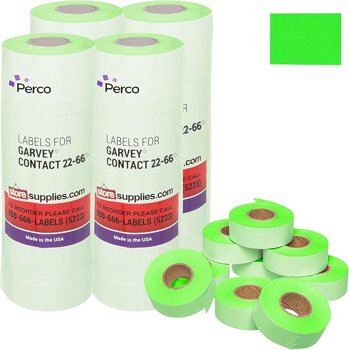 Perco Fluorescent Green Garvey 2216 Pricing Labels for Garvey 22-66/22-77/22-88 Two Line Pricing Gun - 36 Rolls, 4 Sleeve - 36,000 Pricemarking Labels and 4 Inker Included