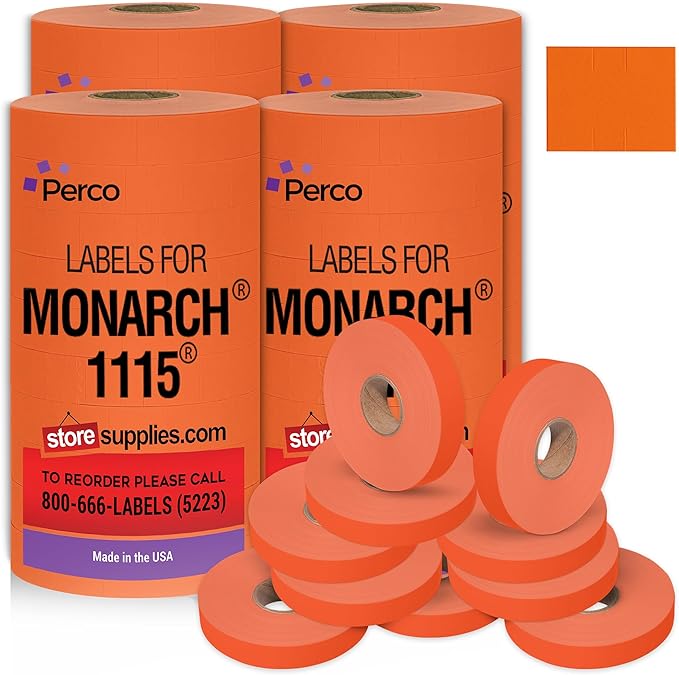 Perco Fluorescent Red Pricing Labels for Monarch 1115 Price Gun, 4 Sleeves - 60,000 Pricemarking Labels - with Bonus Ink Rolls