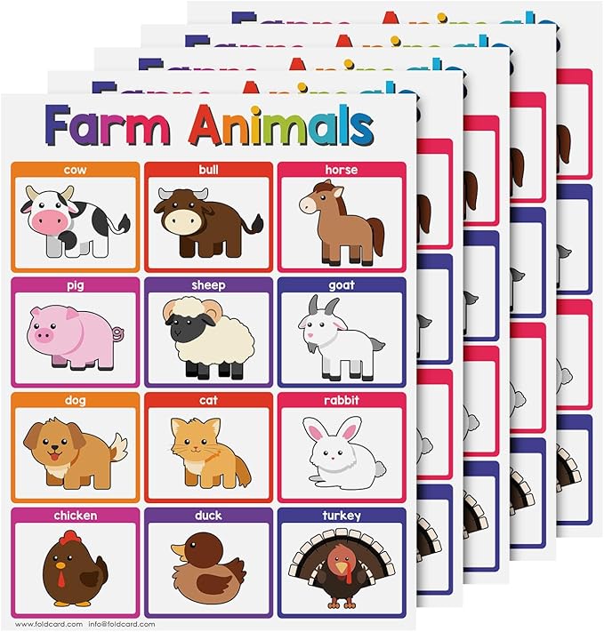 Educational Charts for Preschool to Grade 1 – Bright and Colorful Educational Visual / Learning Aid Wall Art Posters for Classroom | Glossy Durable Cardstock | 8.5" x 11" | 5 per Pack (Farm Animals)