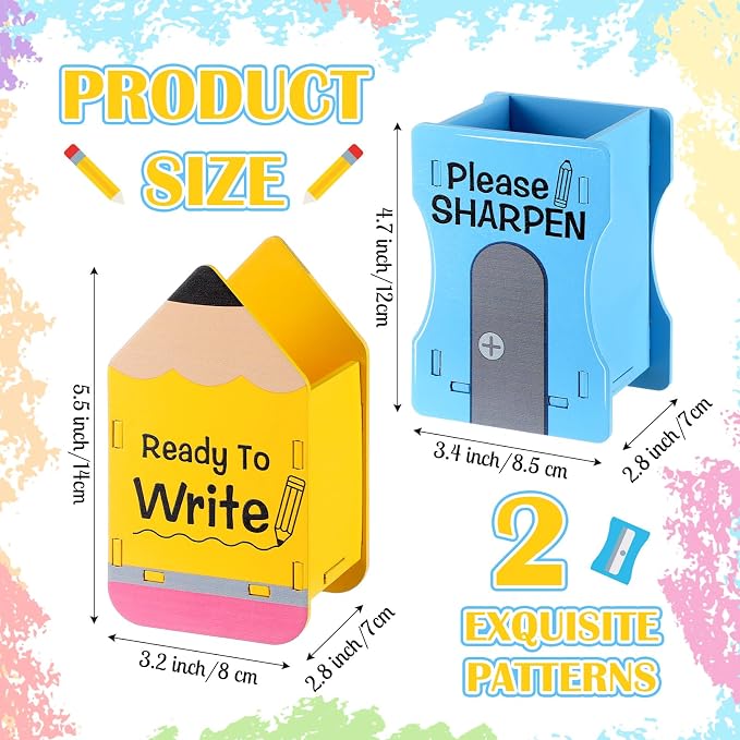 Sherr 2 Pcs Wood Pencil Holder Pencils and Sharpener Shaped Sharp and Dull Pen Holder Back to School Wooden Dispenser Storage Organizer for Classroom(Pencil and Sharpener,Yellow and Blue)