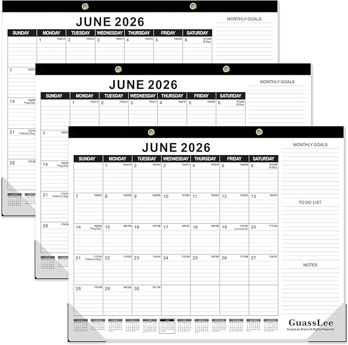 GuassLee Large Desk Calendar 2026,3 Packs 22" x 17" Desktop Wall Calendar 19 Months Wall Planner Runs from Jun. 2026 to Dec. 2027 with Julian Date To-do & Notes Monthly Goals for School Home Office