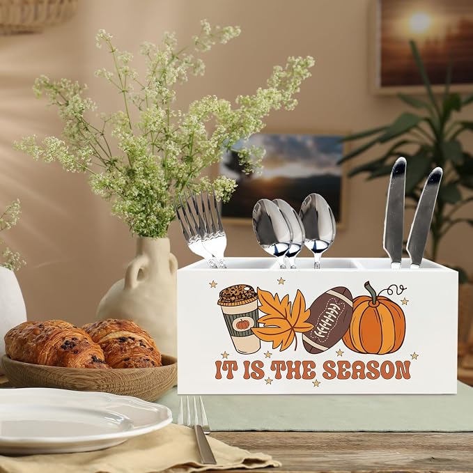 Fall Football Pen Holder for Desk, Autumn Coffee Pumpkin Maple Leaf Wooden Box Sign Desk Decor for Home Office Decoration, Rustic Fall Pencil Organizer, Football Lover Gifts